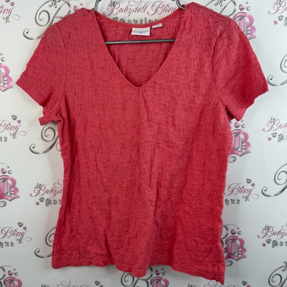 Jaclyn Smith T-shirt orange pink red stretchy Textured Coral Short Sleeve Top